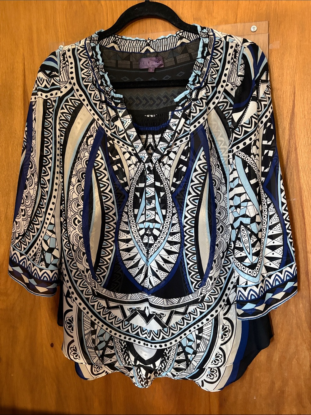 Hale Bob Sheer Blue & White Geometric Printed Women's Blouse